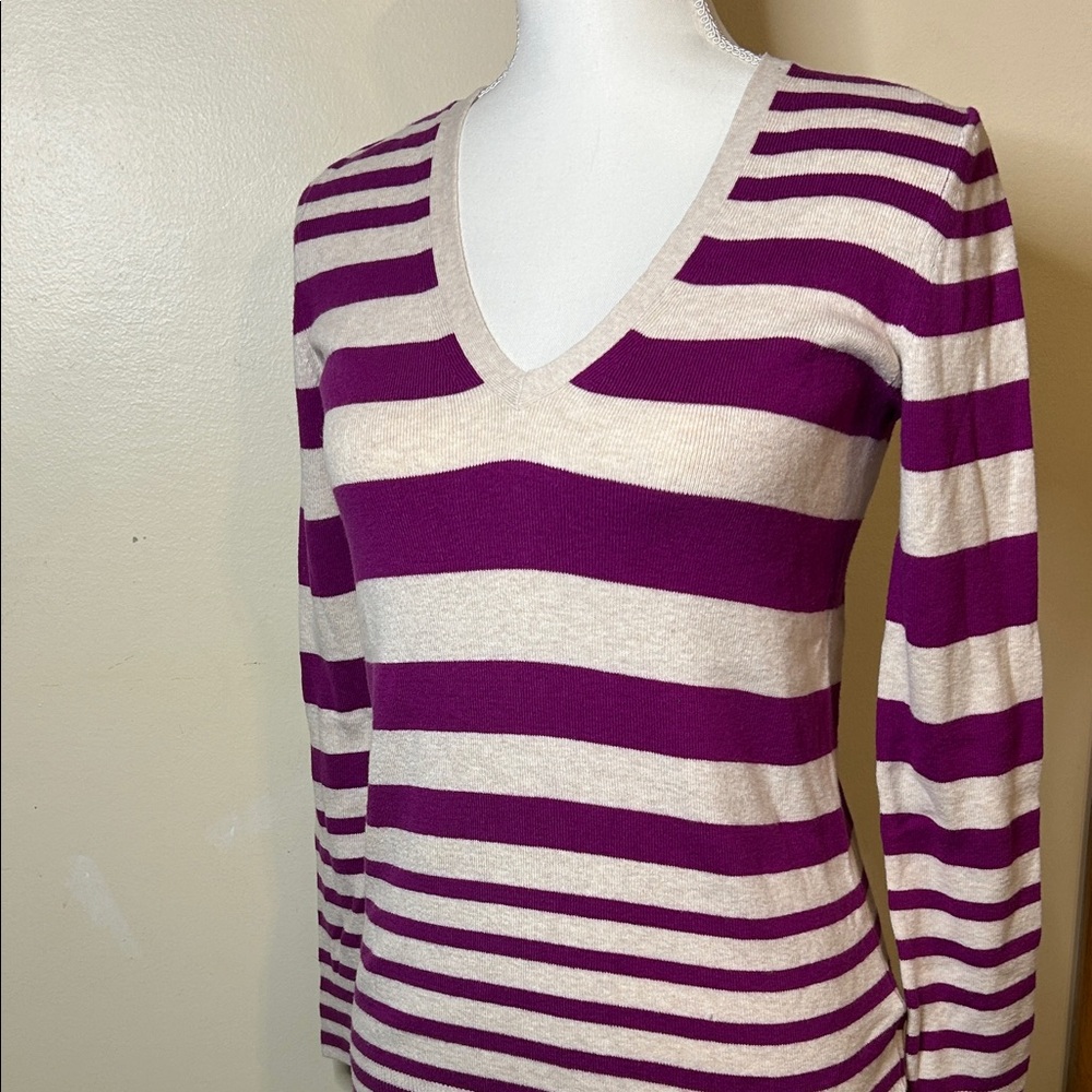 GAP V-Neck Silk Blend Sweater - Purple and Cream Stripes, women’s S